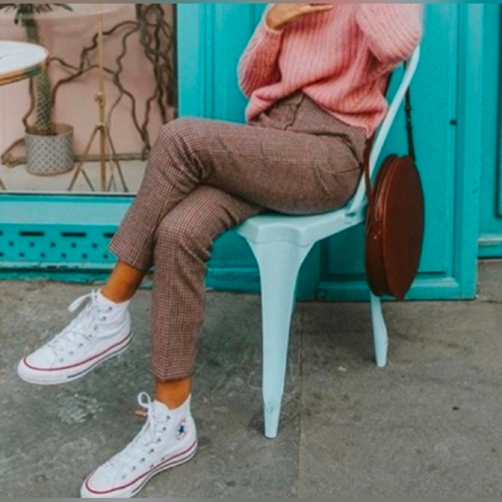 Sezane Checked Ankle Pants in Brown